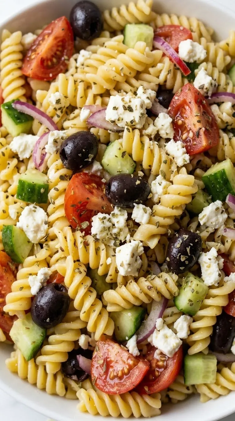 Griechischer Nudelsalat aus der Froschperspektive — Appetitliche, tiefe Kameraperspektive, die Knackigkeit und Feta betont.
