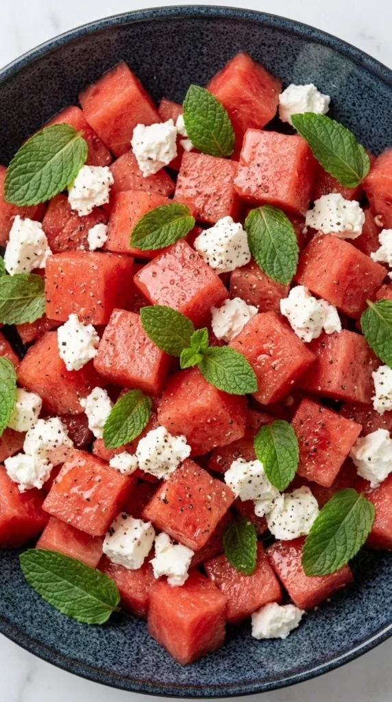 Nahaufnahme von Wassermelonen-Feta-Salat — Detailansicht der saftig glänzenden roten Melonenwürfel mit Minze und Pfeffer.
