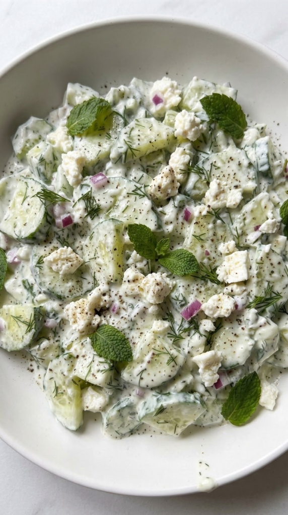 Nahaufnahme von Gurken-Joghurt-Feta-Salat — Detailansicht der sämigen Joghurtcreme mit Dill und zerbröseltem Schafskäse.