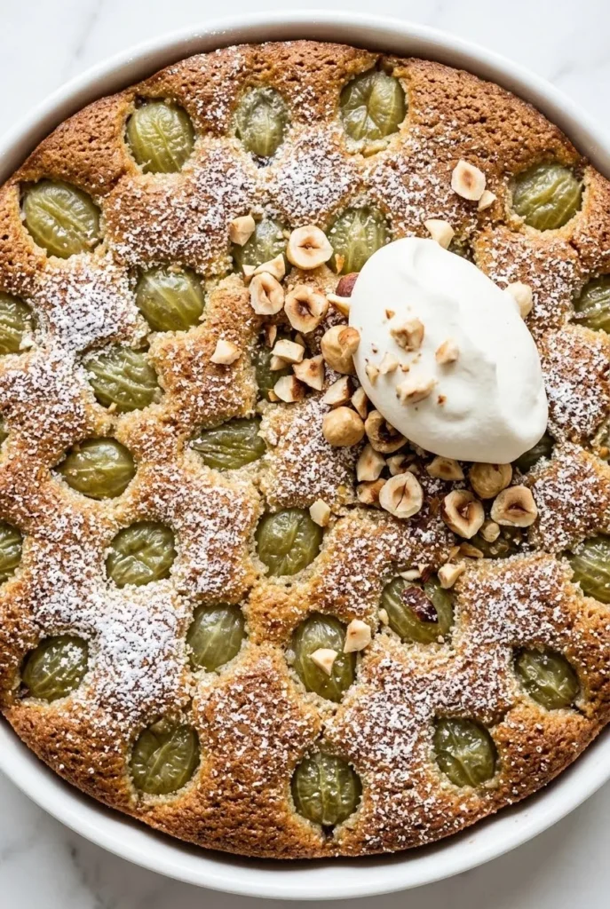 Nahaufnahme von Stachelbeerkuchen — Knusprige Baiser-Textur mit Haselnüssen und prallen Beeren