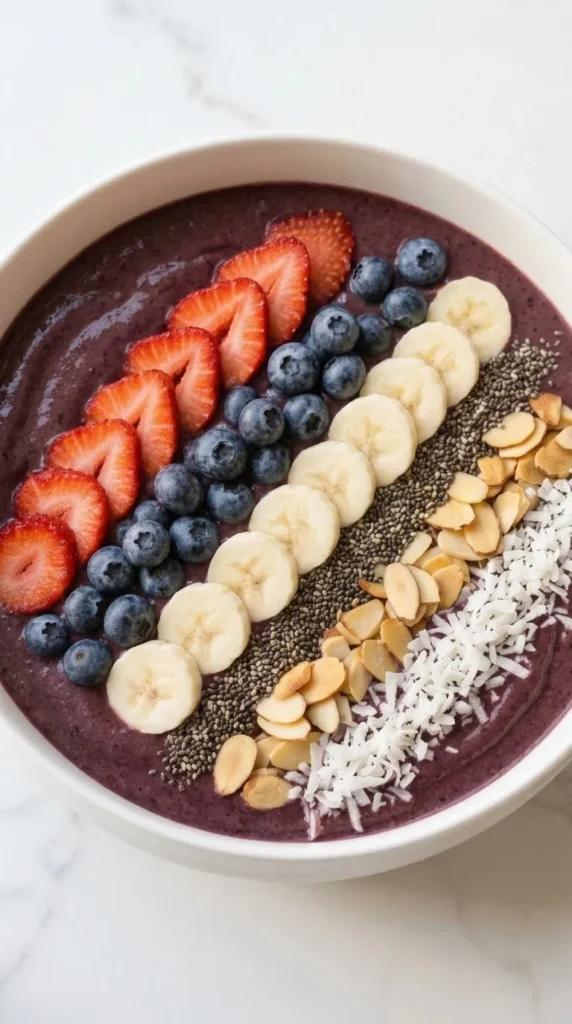 Nahaufnahme von Easy Acai Smoothie Bowl — Detailansicht der dichten violetten Struktur mit Chiasamen und knusprigen Mandeln