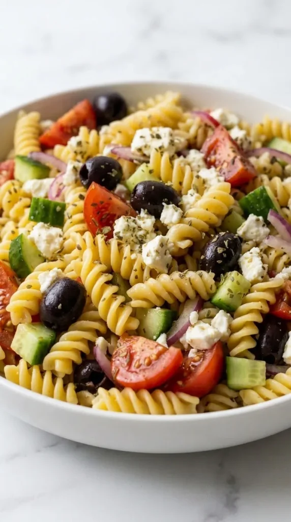 Nahaufnahme von Griechischer Nudelsalat — Detailansicht der gedrehten Low-Carb Pasta-Spiralen, Oliven und Schafskäsebrösel.