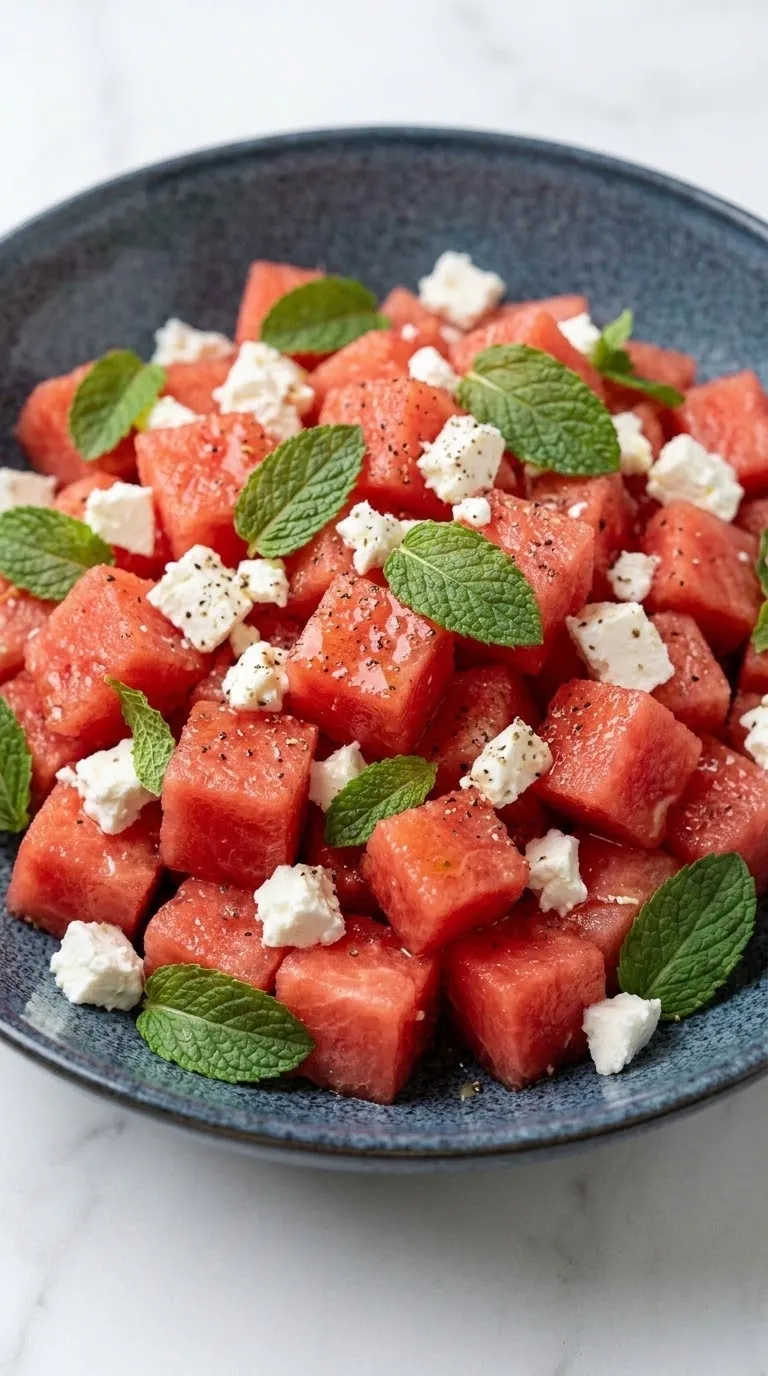 Wassermelonen-Feta-Salat aus der Froschperspektive — Tiefe Perspektive, die das saftige Rot der Melone und den Feta hervorhebt.