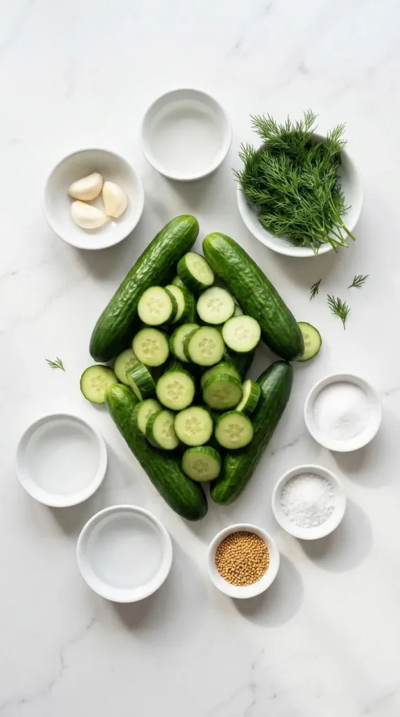 Zutaten für eingelegte Gurken: Frische Gurken, weißer Essig, Meersalz, Knoblauchzehen und frischer Dill.