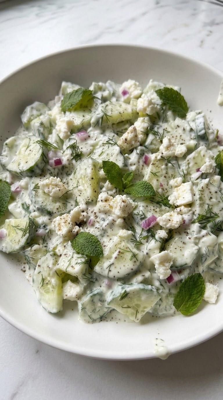 Gurken-Joghurt-Feta-Salat aus der Froschperspektive — Appetitliche, tiefe Kameraperspektive, die die sämige Cremigkeit hervorhebt.