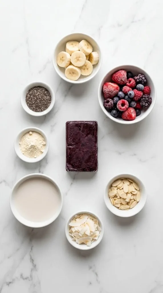 Zutaten für Easy Acai Smoothie Bowl: Gefrorenes Acai-Mark, Banane, gemischte Beeren und Mandelmilch