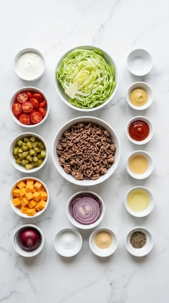 Zutaten für Low Carb Cheeseburger Salat Rezept: Hackfleisch, Kirschtomaten, saure Gurken und Cheddar-Käse