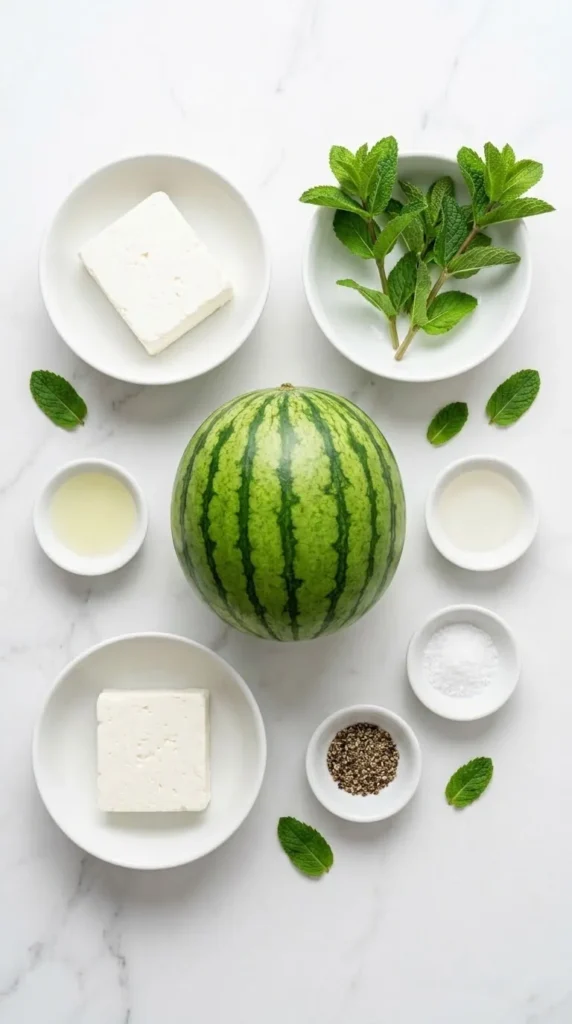 Zutaten für Wassermelonen-Feta-Salat: Eine kleine Wassermelone, frischer Feta-Block, Minzstiele und Limettensaft.