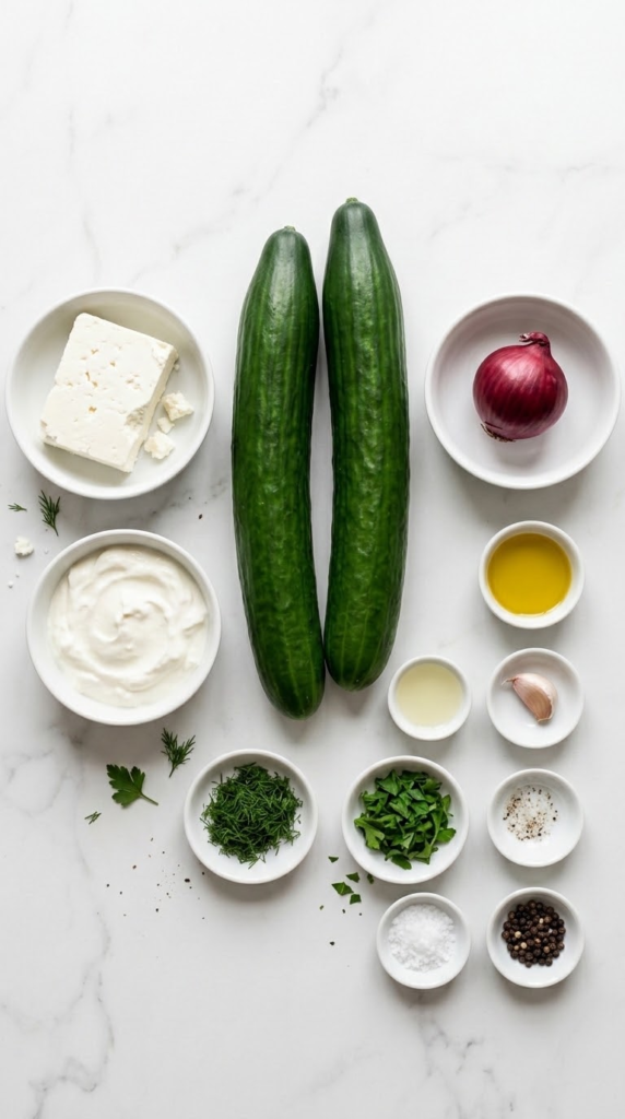 Zutaten für Gurken-Joghurt-Feta-Salat: Frische Salatgurken, griechischer Joghurt, Feta-Käse, rote Zwiebeln und Kräuter.