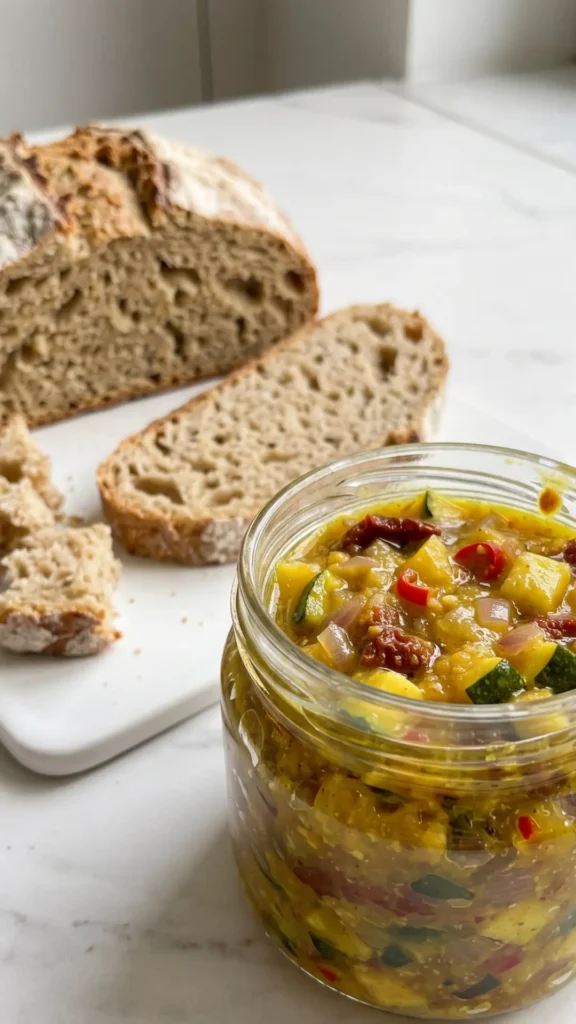 Zucchini-Chutney serviert mit Keto-Brot — herzhafter Vorrat im Glas