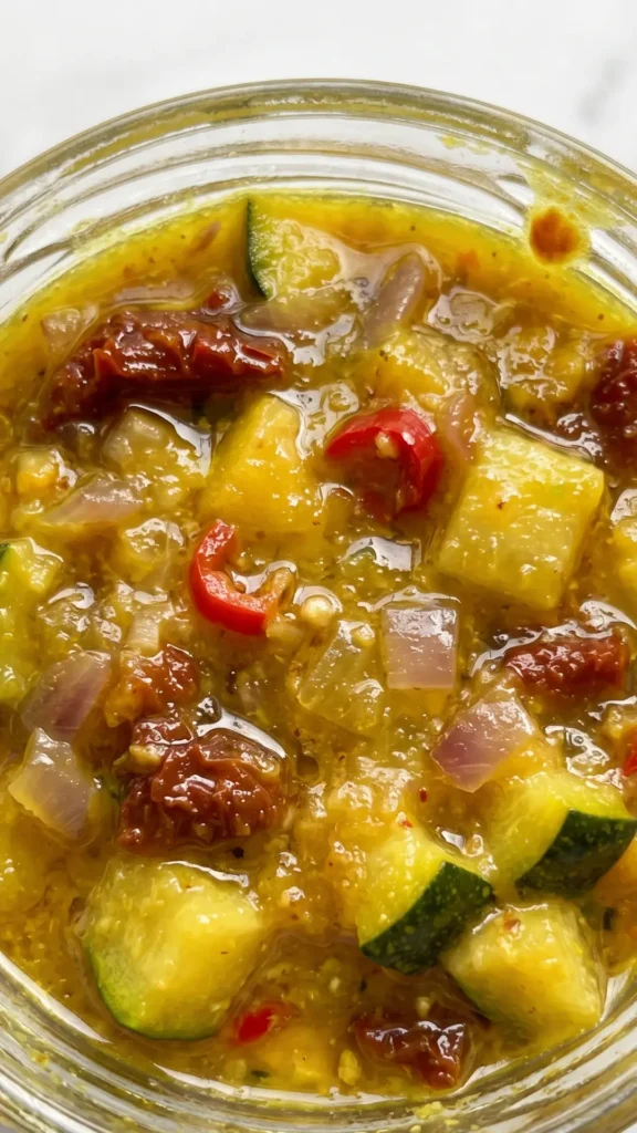Nahaufnahme von Zucchini-Chutney — stückiges Chutney mit Glanz und Gewürzen