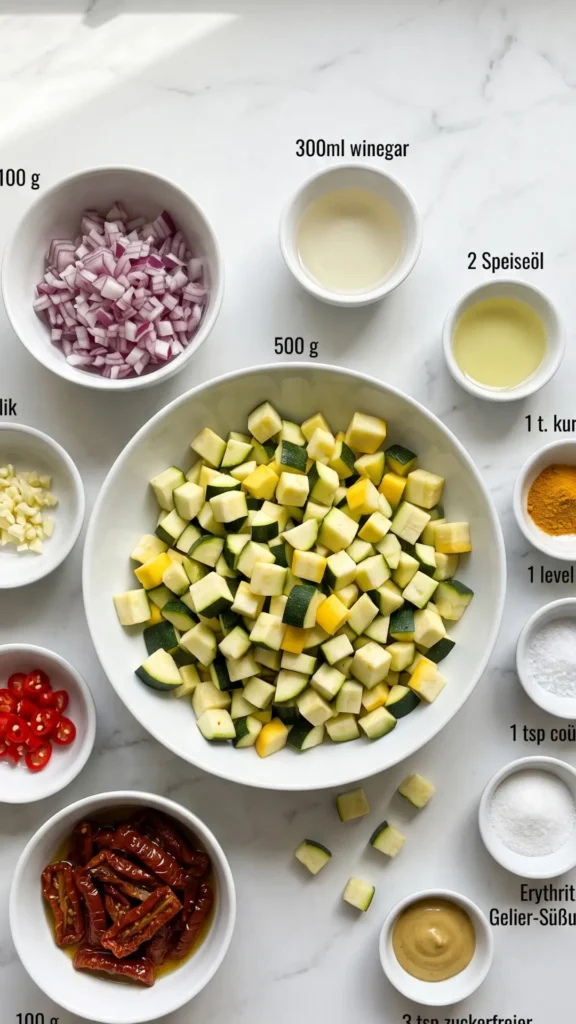 Zutaten für Zucchini-Chutney: Zucchini, rote Zwiebeln, getrocknete Tomaten, Kurkuma und Senf