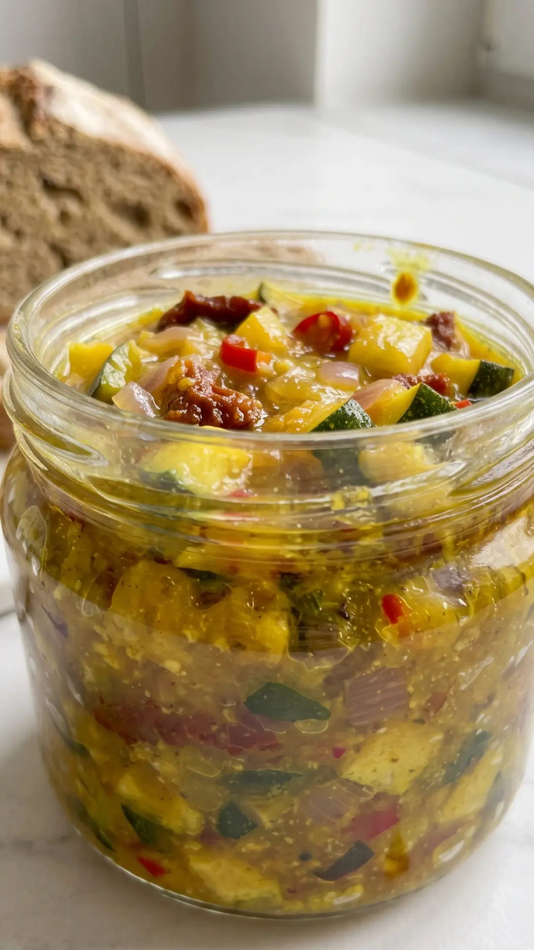 Zucchini-Chutney würziger Keto-Vorrat — goldenes Relish im Einmachglas