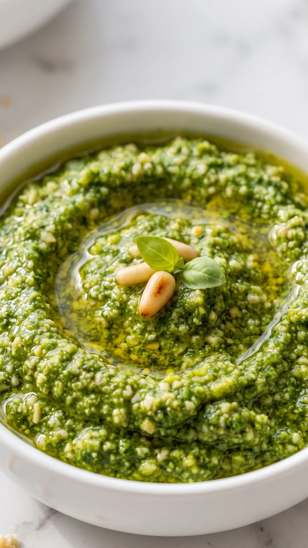 Basilikumpesto mit Mandeln aus der Froschperspektive — Reichhaltige, cremige Kräutersauce in Nahaufnahme