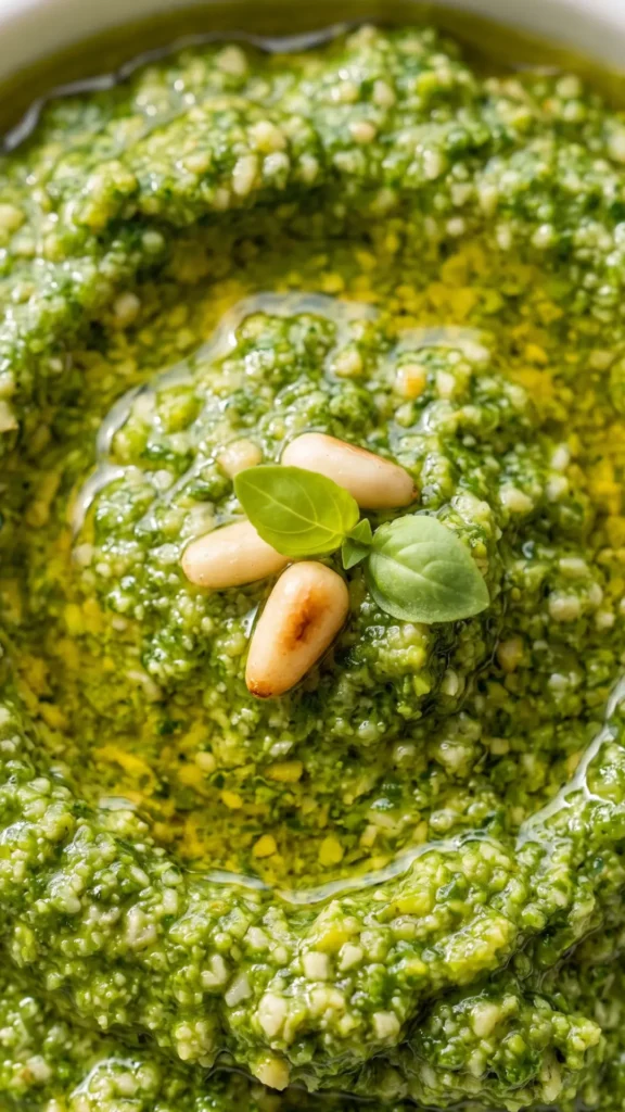 Nahaufnahme von Basilikumpesto mit Mandeln — Körnige Kräuterstruktur mit feinen Nuss- und Käsestücken