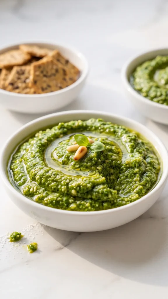 Basilikumpesto mit Mandeln serviert mit Low-Carb Cracker — Mediterranes Dipszenario auf hellem Marmor