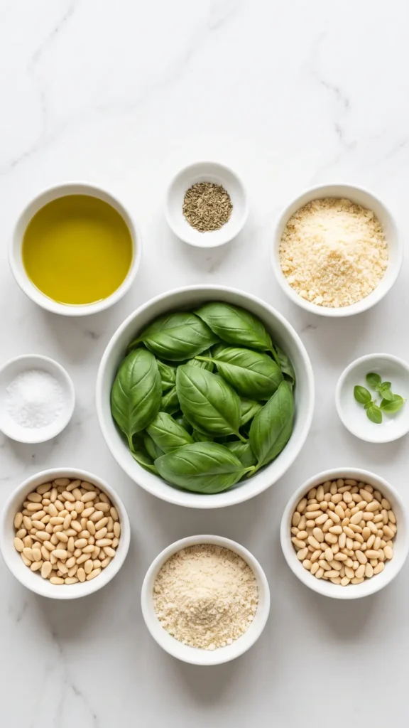 Zutaten für Basilikumpesto mit Mandeln: Frisches Basilikum, Olivenöl, Parmesan und Pinienkerne