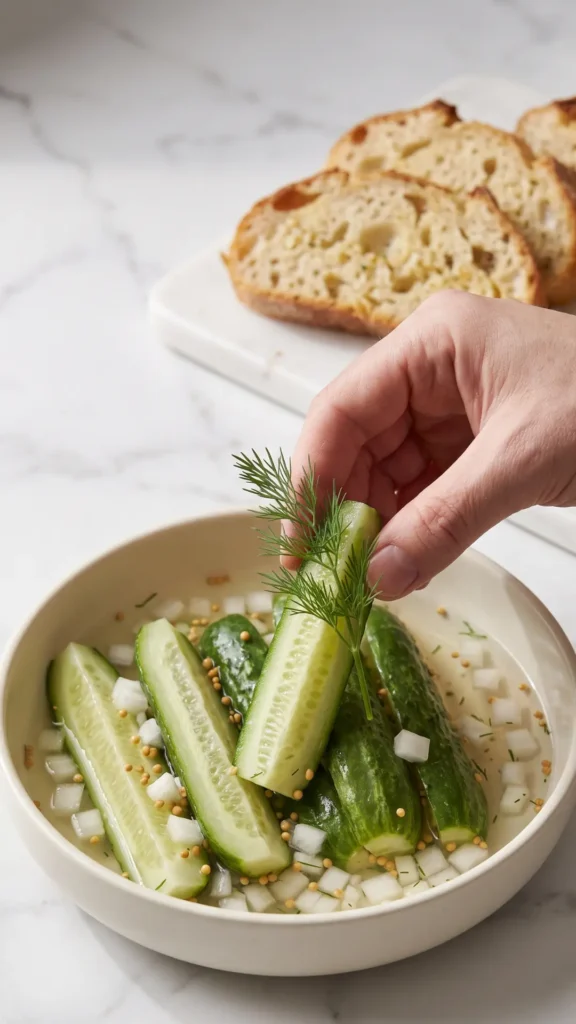 Schüttelgurken im Glas serviert mit Keto-Knoblauchbrot — Einlegeglas mit Gurkenstiften direkt neben knusprigem Brot.