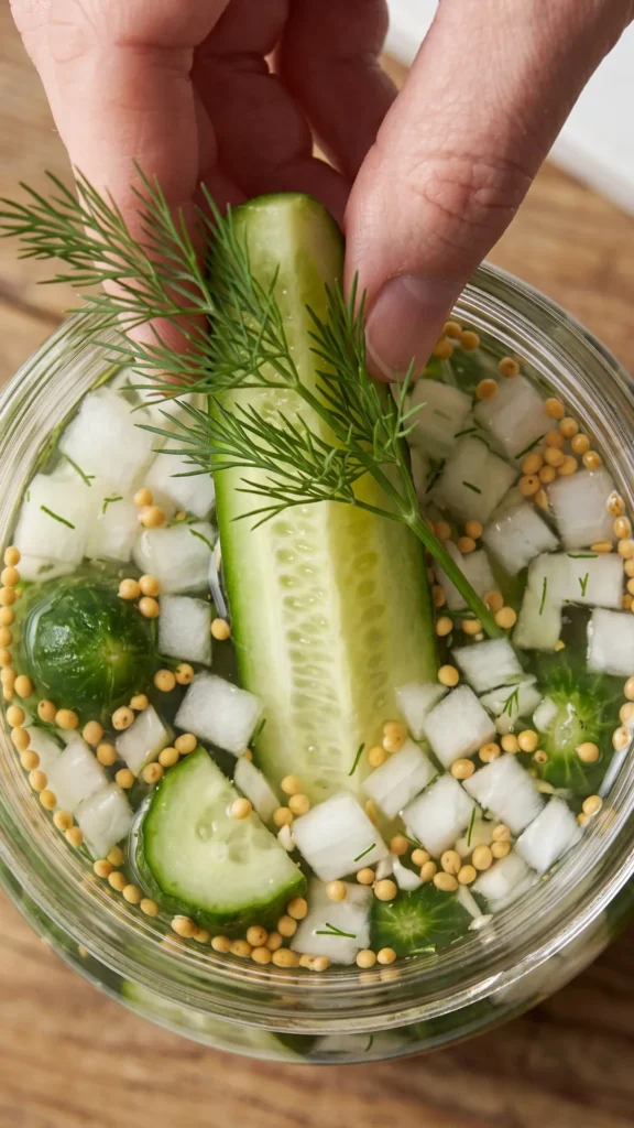 Nahaufnahme von Schüttelgurken — Detailansicht der feinen Senfkörner, Zwiebelwürfel und knackigen Gurkenstifte im Glas.