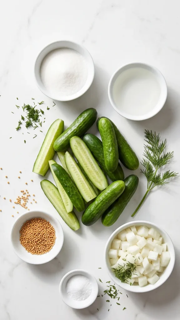 Zutaten für Schüttelgurken ohne Kochen: Frische Gurken, Zwiebel, Senfkörner, Essig, Zucker und Salz.
