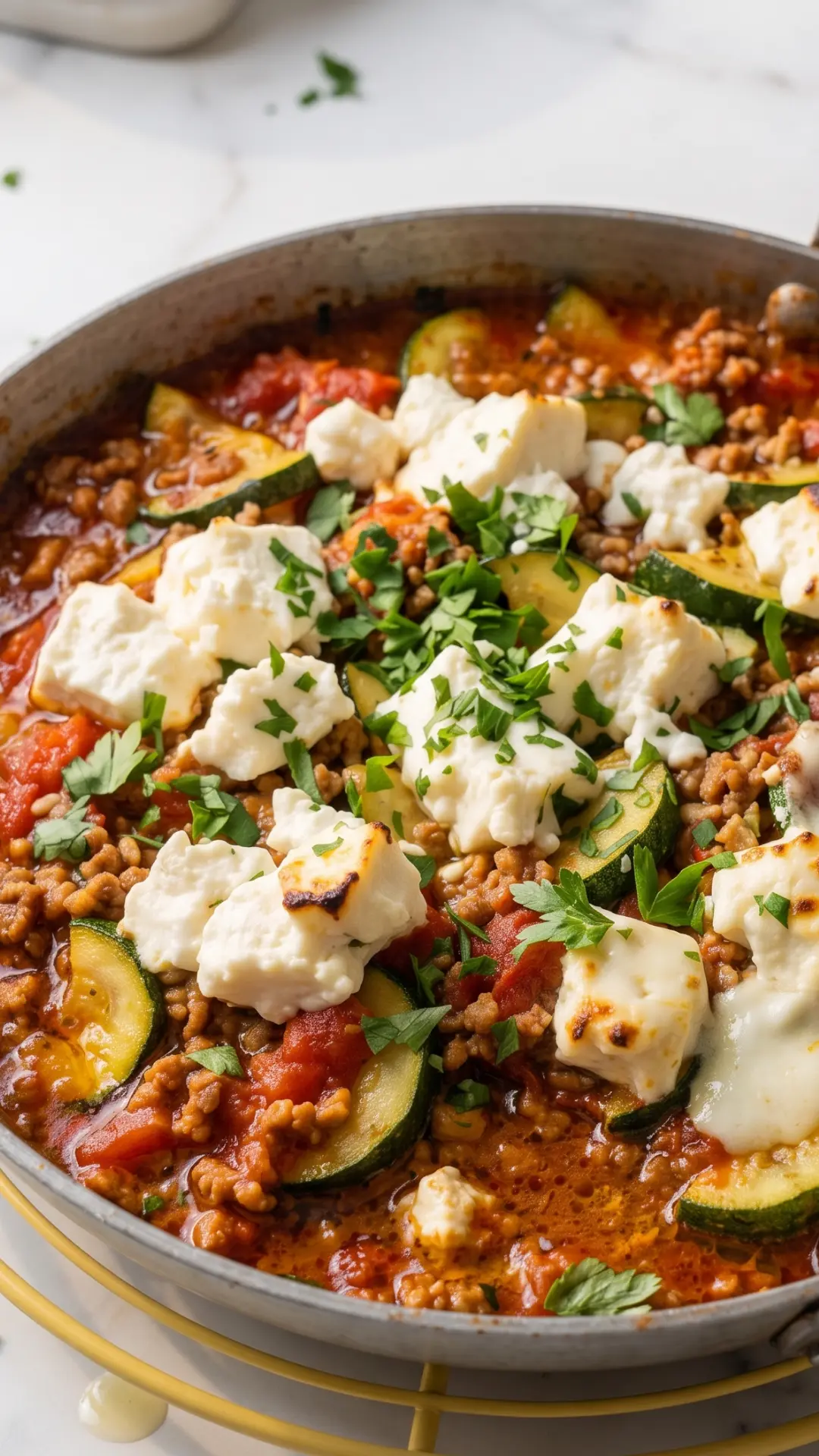 Zucchini-Salat aus der Froschperspektive — Tiefe Perspektive, die das frische Grün und das Volumen in der Pfanne betont.