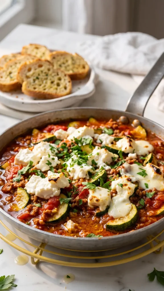 Zucchini-Salat serviert mit Keto-Knoblauchbrot — Knackiger Gemüsesalat direkt neben einer röstfrischen kohlenhydratarmen Brotscheibe.