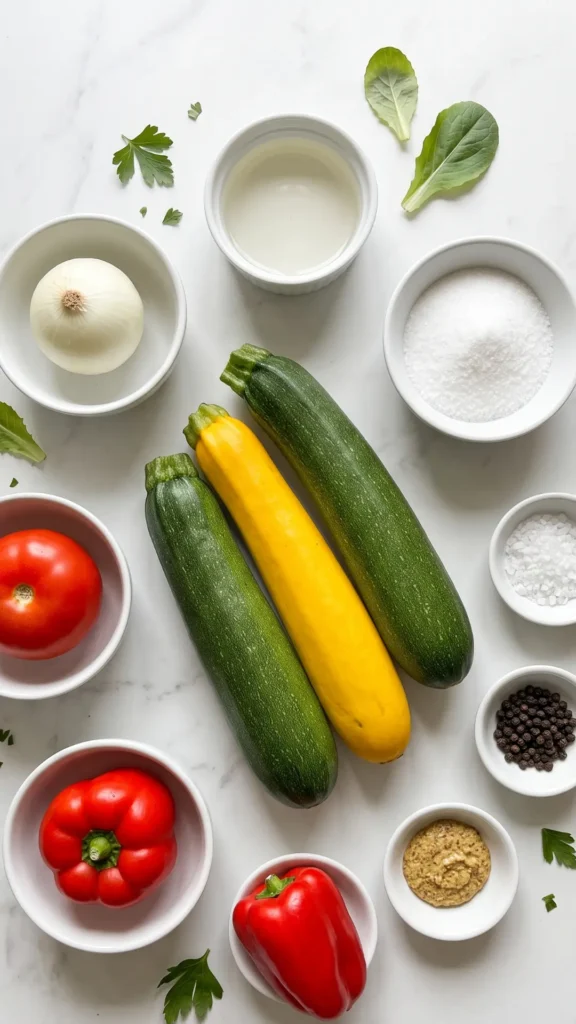 Zutaten für Zucchini-Salat: Grüne und gelbe Zucchini, eine Zwiebel, eine Tomate, rote Paprika, Kräuteressig und Gewürze.