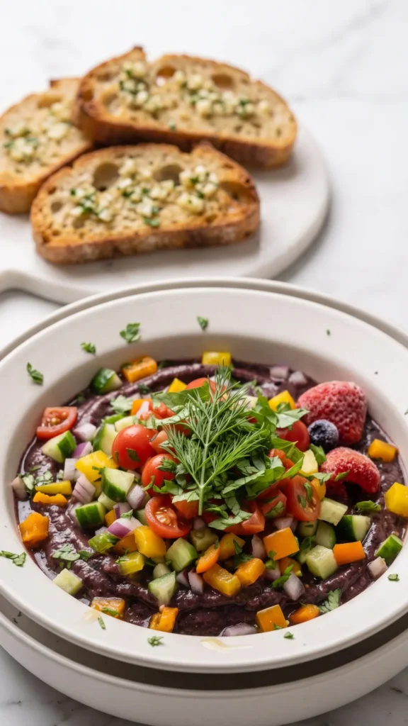 Keto Acai Bowl serviert mit Keto-Knoblauchbrot — Eiskalte, cremige Frühstücksbowl neben einer ofenfrischen Low-Carb Brotscheibe.