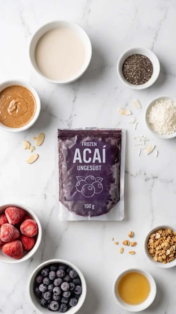 Zutaten für Keto Acai Bowl: Ungesüßtes Acai-Mark, Mandelmilch, gefrorene Erdbeeren, Blaubeeren, Chiasamen und Kokosflocken.