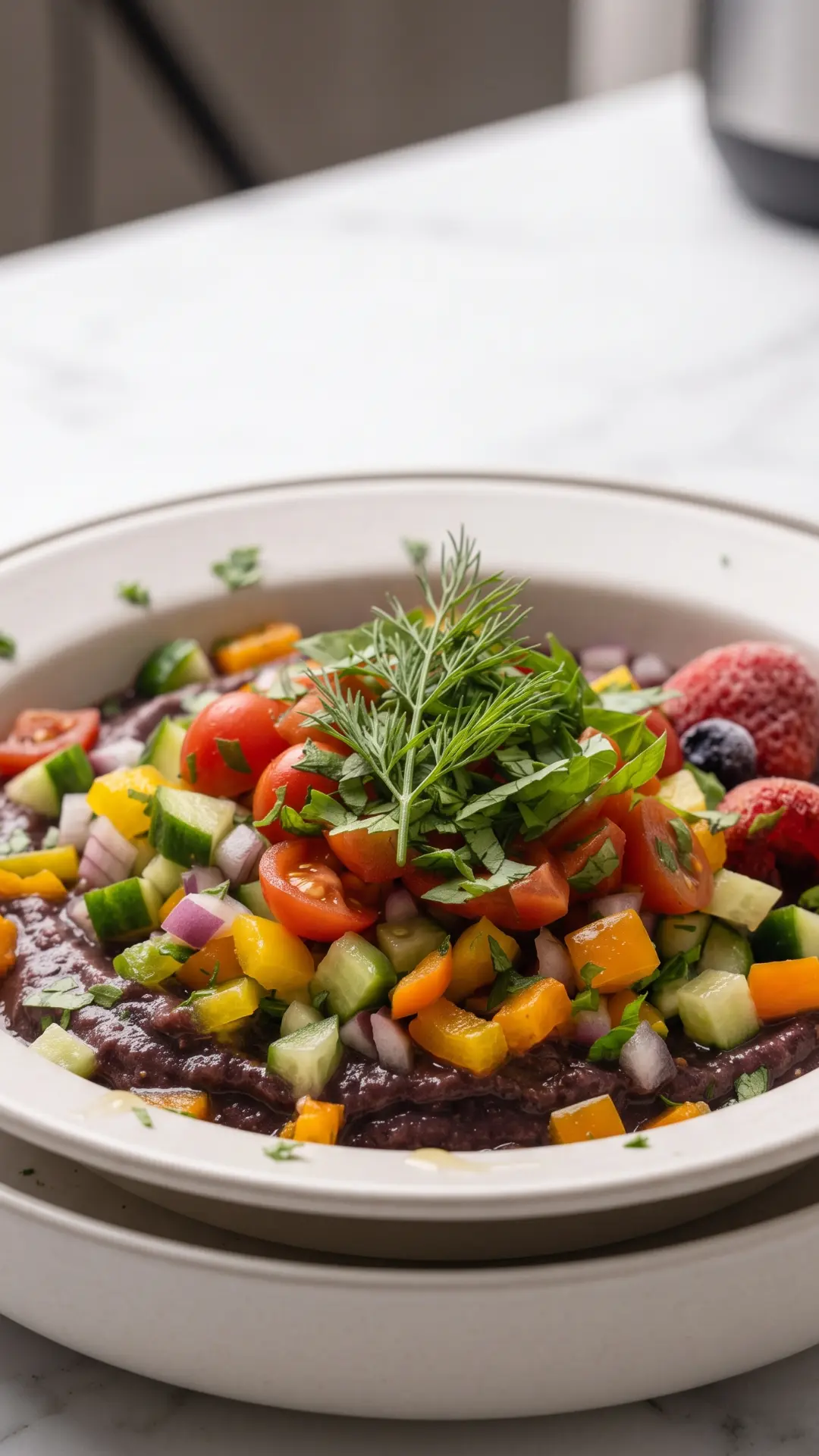 Keto Acai Bowl aus der Froschperspektive — Tiefe Perspektive, die das reiche Volumen und die farbenfrohen Toppings betont.