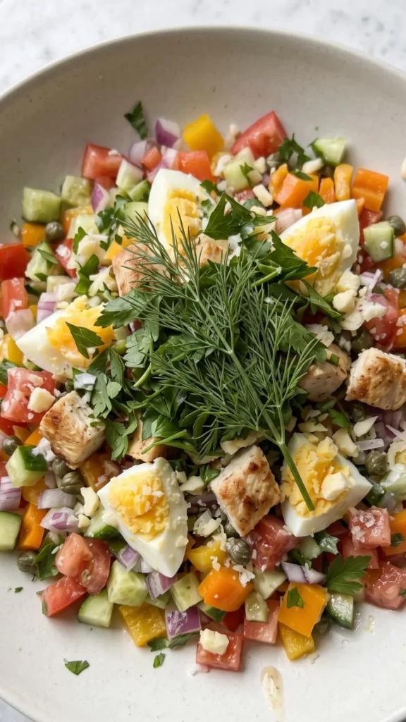 Nahaufnahme von Keto Caesar Salad — Detailansicht der zarten Hähnchenbrust, der Parmesanspäne und des cremig umhüllten Salats.