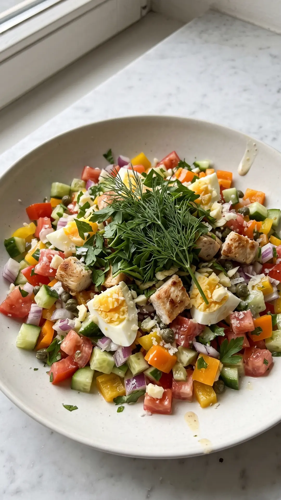 Keto Caesar Salad aus der Froschperspektive — Tiefe Perspektive, die das reiche Volumen und die saftigen Hähnchenstreifen betont.