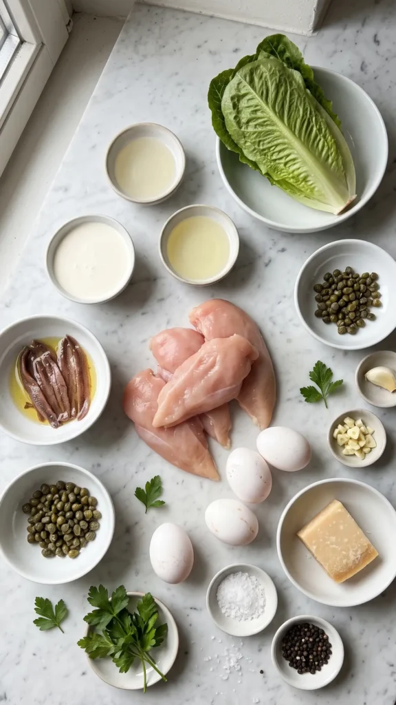 Zutaten für Keto Caesar Salad: Hähnchenbrust, Eier, Römersalat, Parmesan, Schlagsahne, Sardellen, Kapern und Knoblauch.