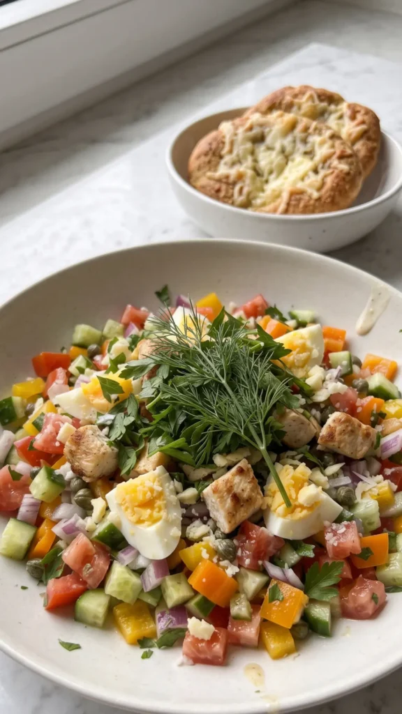 Keto Caesar Salad serviert mit Keto-Knoblauchbrot — Knackiger Salat mit Hähnchen direkt neben einer Röstscheibe Knoblauchbrot.