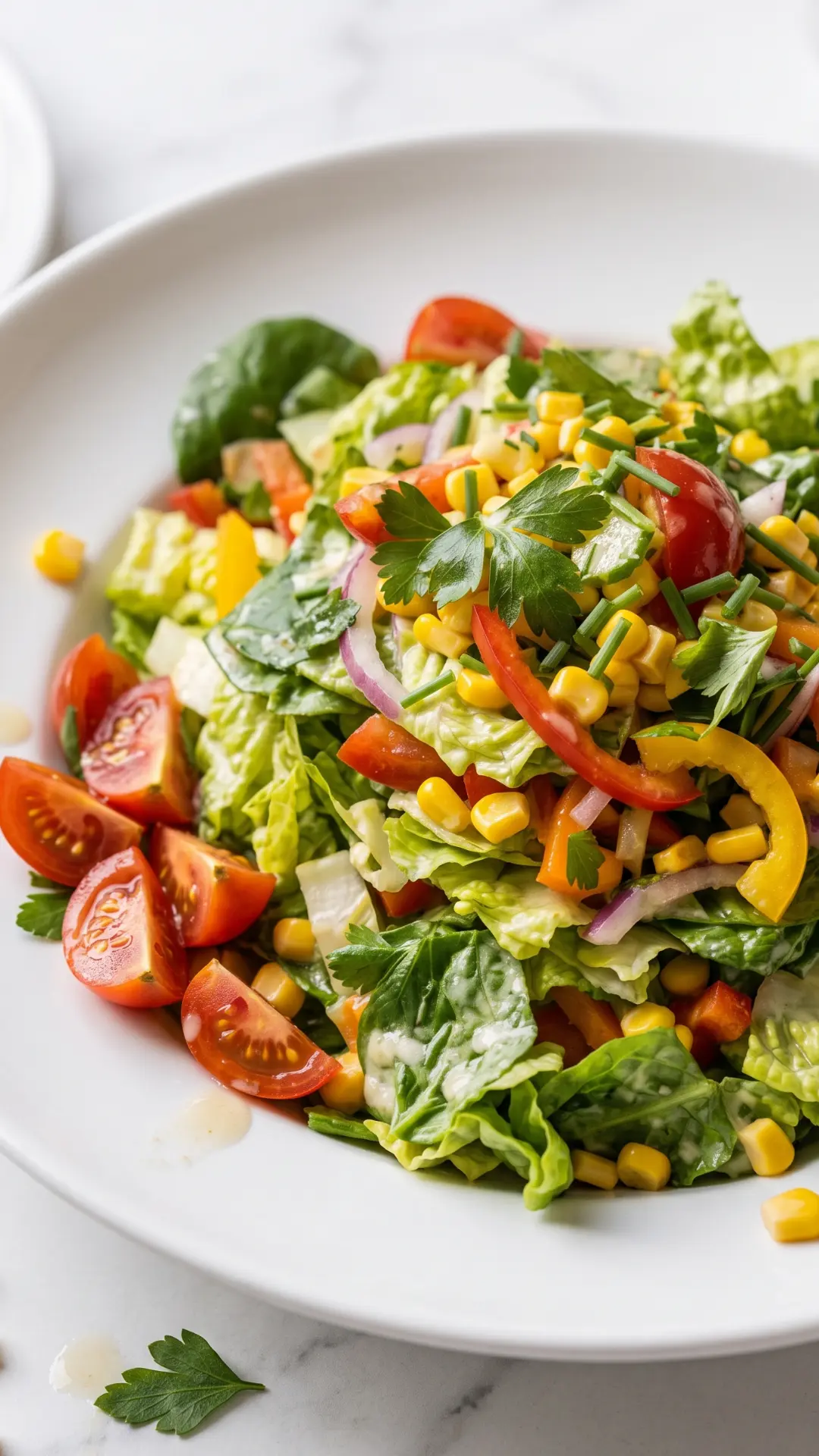 Einfacher gemischter Salat aus der Froschperspektive — Tiefe Perspektive, die das frische Rot der Tomaten und Gelb des Maises betont.