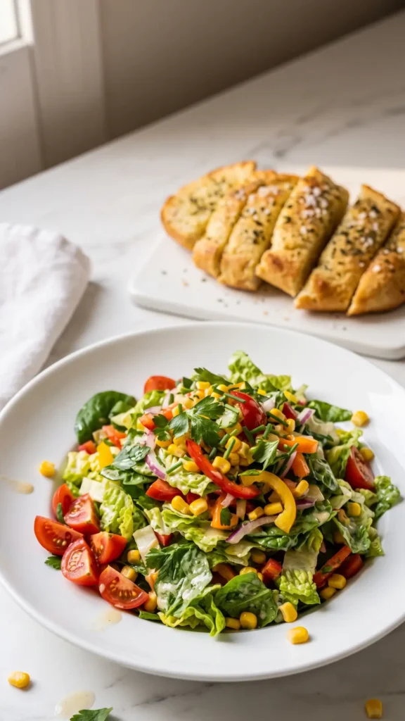 Einfacher gemischter Salat serviert mit Keto-Knoblauchbrot — Bunter Salatteller neben einer knusprigen Scheibe Low-Carb Brot.