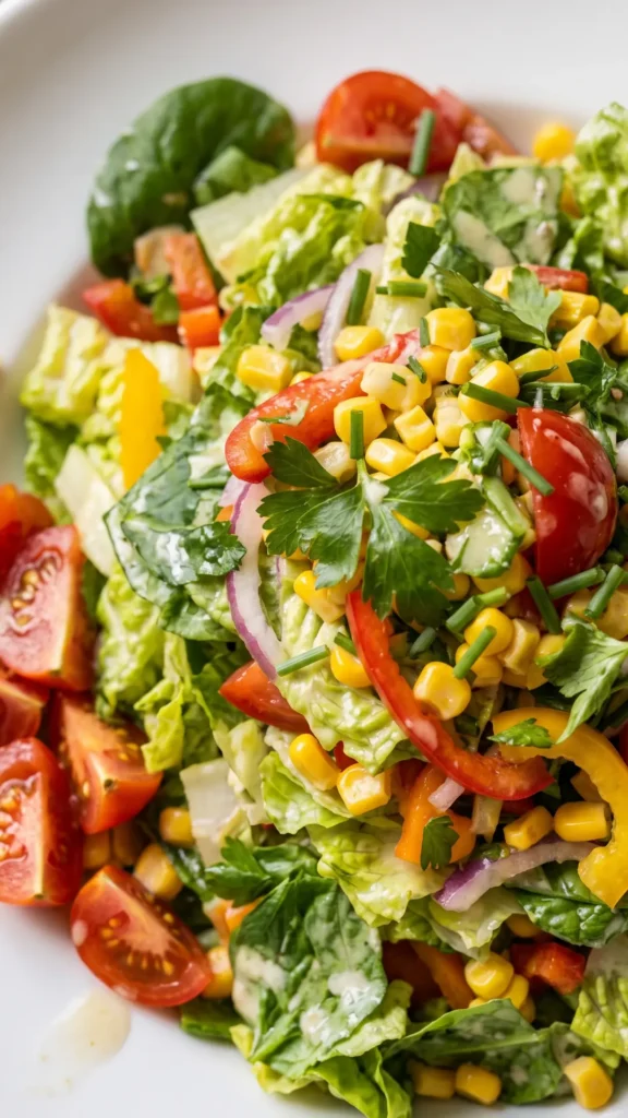 Nahaufnahme von einfachem gemischtem Salat — Detailansicht der glänzenden Vinaigrette auf knackigem Kopfsalat und Paprika.