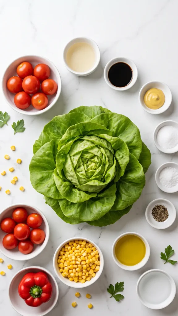 Zutaten für einfachen gemischten Salat: Ein Kopfsalat, kleine Tomaten, eine rote Paprika, Mais, Senf und Olivenöl.