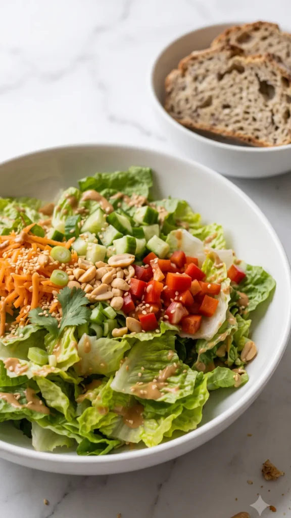 Erdnuss-Knusper-Salat serviert mit Keto-Brot — asiatisch inspirierter Low-Carb Salat