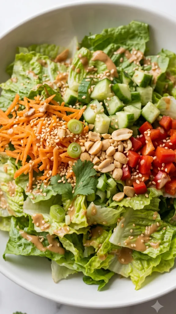 Nahaufnahme von Erdnuss-Knusper-Salat — knackige Nüsse, Sesam und cremig-würziges Dressing