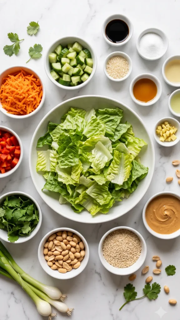 Zutaten für Erdnuss-Knusper-Salat: Romaine-Salat, Karotten, Erdnüsse, Sesam und Dressing
