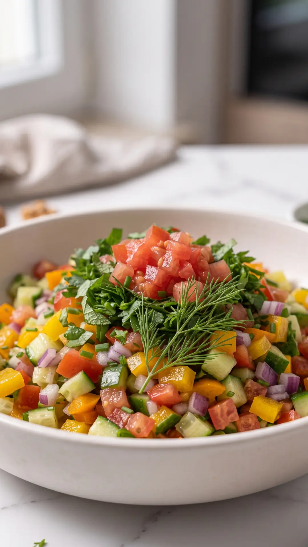 Erfrischender Löffelsalat aus der Froschperspektive — Tiefe Kameraperspektive, die die bunte Pracht der winzigen Würfel betont.