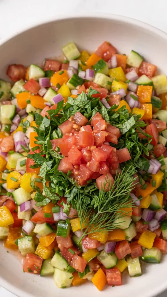 Nahaufnahme von Erfrischendem Löffelsalat — Detailansicht der winzigen, glänzenden Gemüsewürfel und der frischen Kräuter.