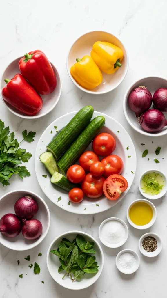 Zutaten für Löffelsalat: Salatgurke, Tomaten, rote und gelbe Paprikaschoten, rote Zwiebeln, frische Kräuter und Limetten.
