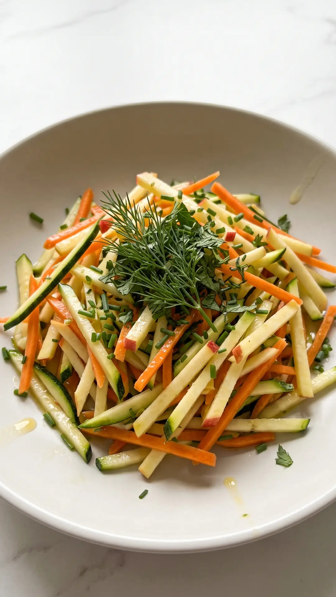 Zucchini-Salat mit Karotte und Apfel aus der Froschperspektive — Tiefe Perspektive, die das reiche Volumen der geraspelten Rohkost betont.
