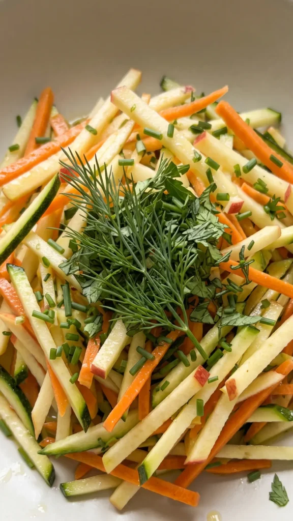 Nahaufnahme von Zucchini-Salat mit Karotte und Apfel — Detailansicht der feinen geraspelten Gemüse- und Apfelstreifen mit Glanz.