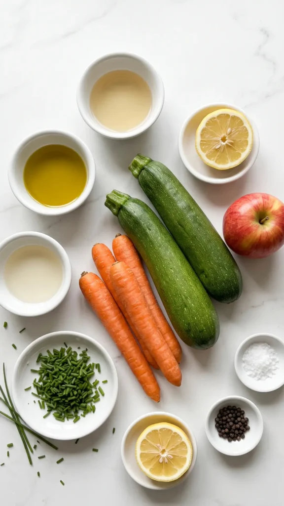 Zutaten für Zucchini-Salat mit Karotte und Apfel: Zucchini, Möhren, Äpfel, Olivenöl, Essig, Zitrone und Schnittlauch.