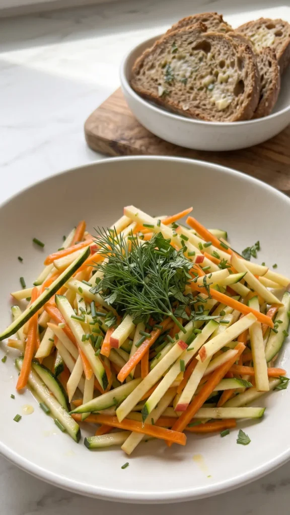 Zucchini-Salat mit Karotte und Apfel serviert mit Vollkorn-Knoblauchbrot — Schüssel mit frischem Rohkostsalat direkt neben einer Scheibe Brot.