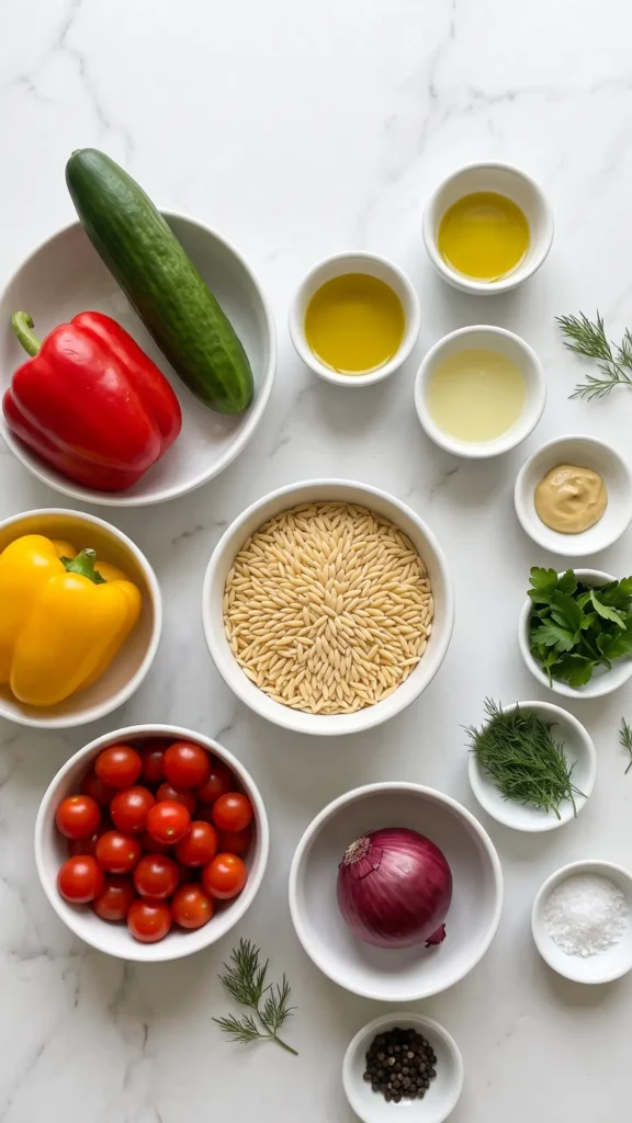 Zutaten für Orzo-Salat: Keto-Orzo, Salatgurke, rote und gelbe Paprika, Cherrytomaten, Zwiebel, Dill und Petersilie.