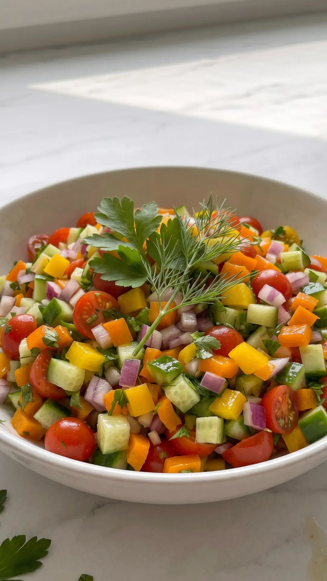 Frischer Orzo-Salat aus der Froschperspektive — Tiefe Perspektive, die das reiche Nudelvolumen und die bunten Gemüseakzente betont.